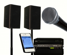 iPlay sound system components, including iPhone, wireless microphone, speakers and mixer.