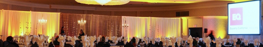ballroom setup with lighting and projection screen